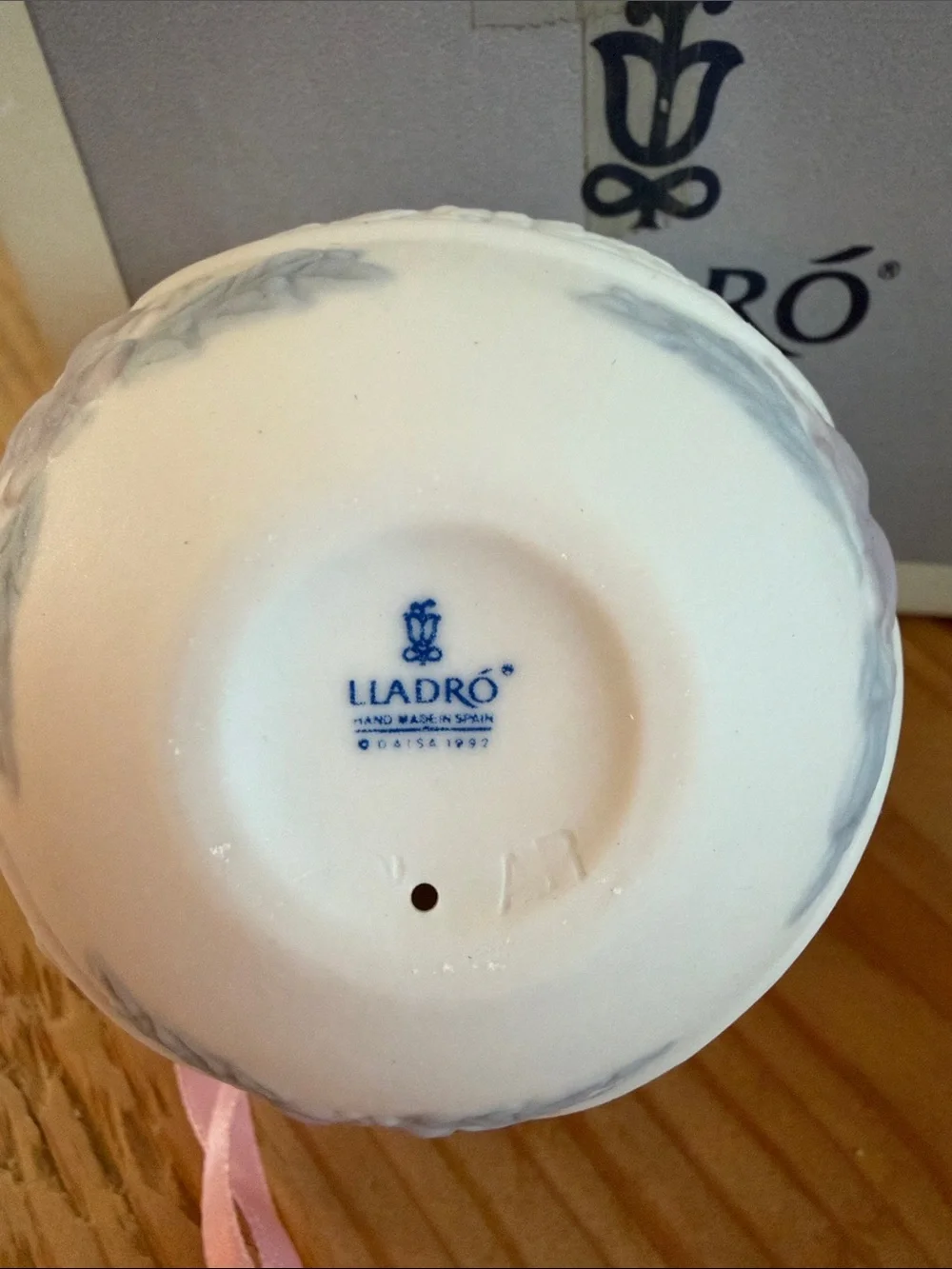 Lladro White Porcelain Holiday Ornament with Pink Top & Ribbon